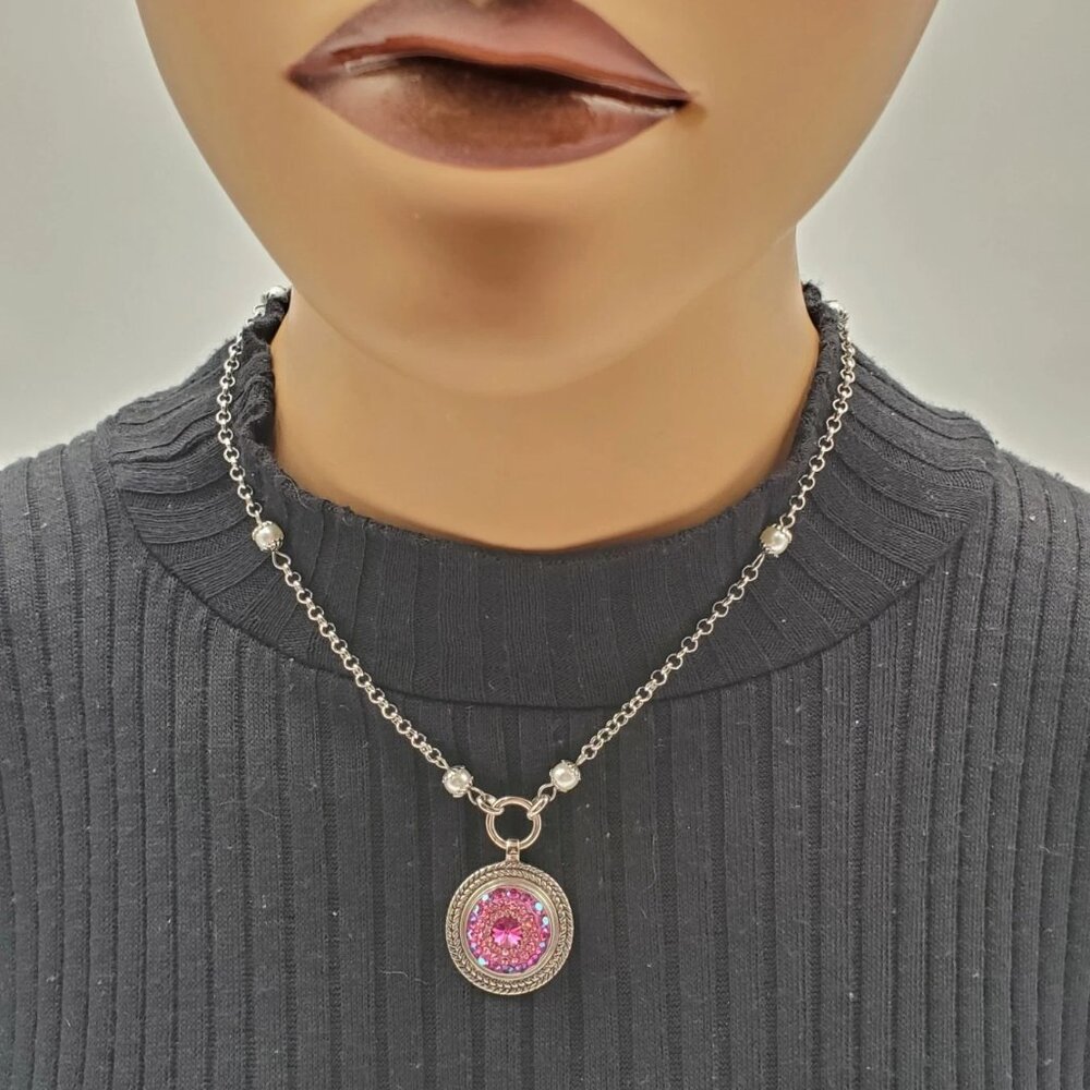 Pink Snap Rhinestone Charm Faux Pearl Pendant Necklace